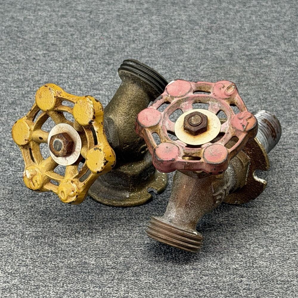 Old Brass Water Spigot Valve Handles 2pc Lot Steampunk Faucet Knobs Rustic